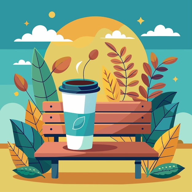 Vector coffee in the park paper cup of coffee in autumn park trees bench