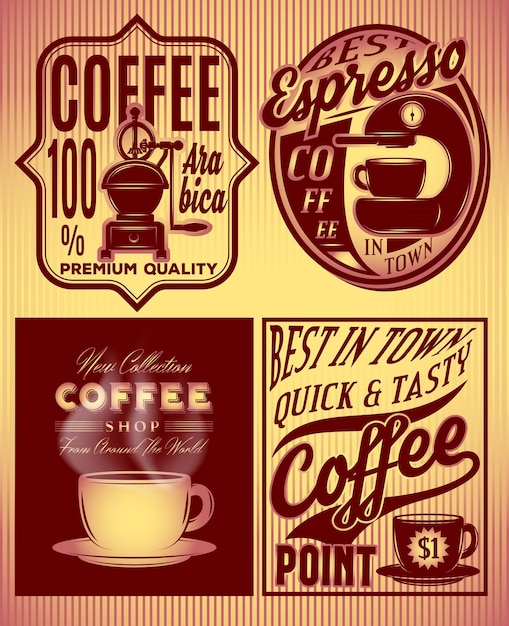 Vector coffee patterns with inscriptions in retro style