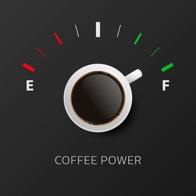 Coffee Power Vector 3d Realistic White Mug with Black Coffee and Fuel Gauge Concept Banner with Coffee Cup and Phrase about Coffee Design Template Top View