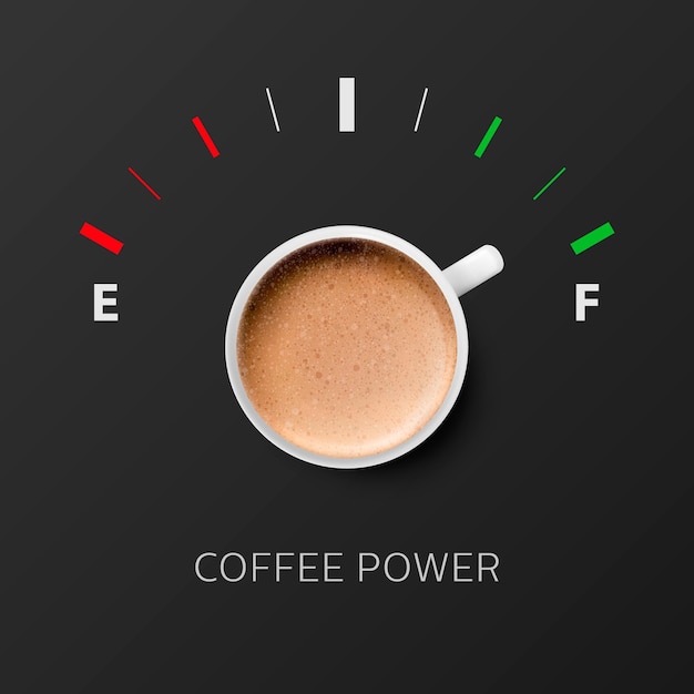 Coffee Power Vector 3d Realistic White Mug with Milk Foam Coffee and Fuel Gauge Vapuccino Latte Concept Banner with Coffee Cup and Phrase about Coffee Design Template Top View