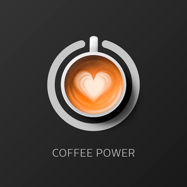 Coffee Power Vector 3d Realistic White Porcelain Ceramic Mug Circle Switch Sign Foam Milk Coffee Capuccino Latte with Heart Pattern Concept Banner with Coffee Cup in Top View Design Template