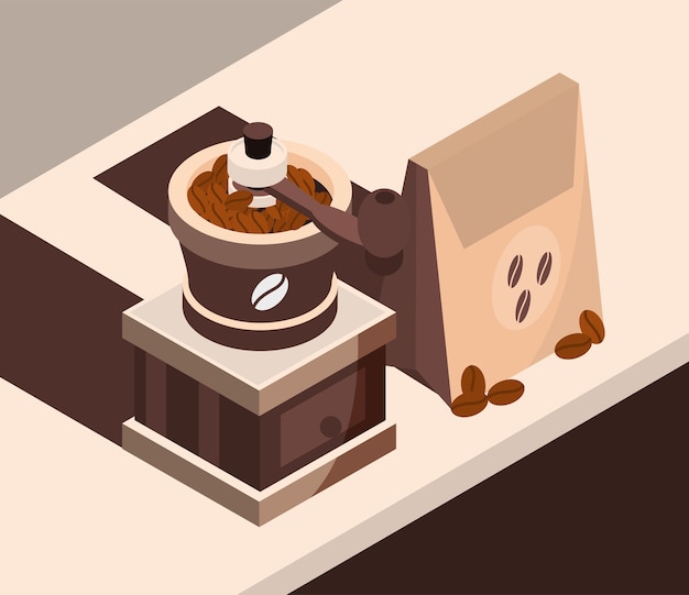 Vector coffee roasting machine and package isometric icon design illustration