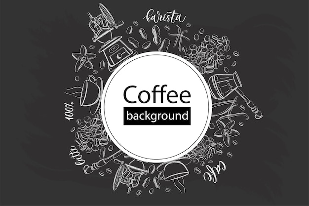 Coffee round design in vintage outline hand drawn doodle style with different objects on coffee theme