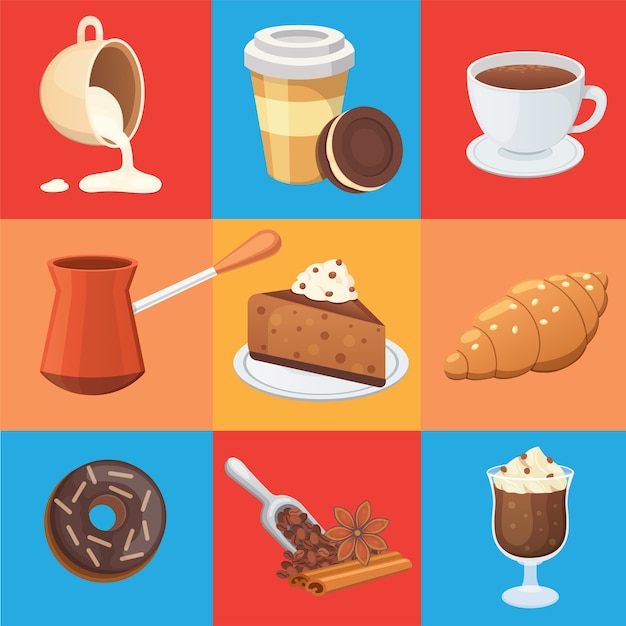 Coffee set and sweet desserts   illustration. Different drink types including espresso, macchiato, chocolate.