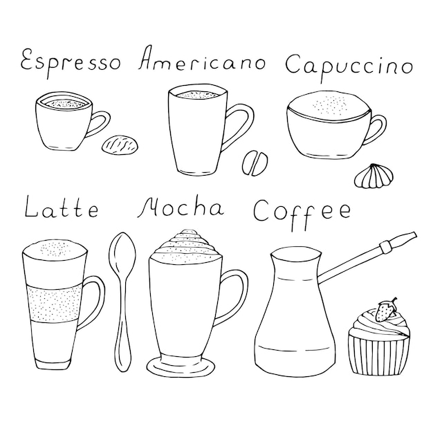 Coffee set vector illustration, hand drawing doodles