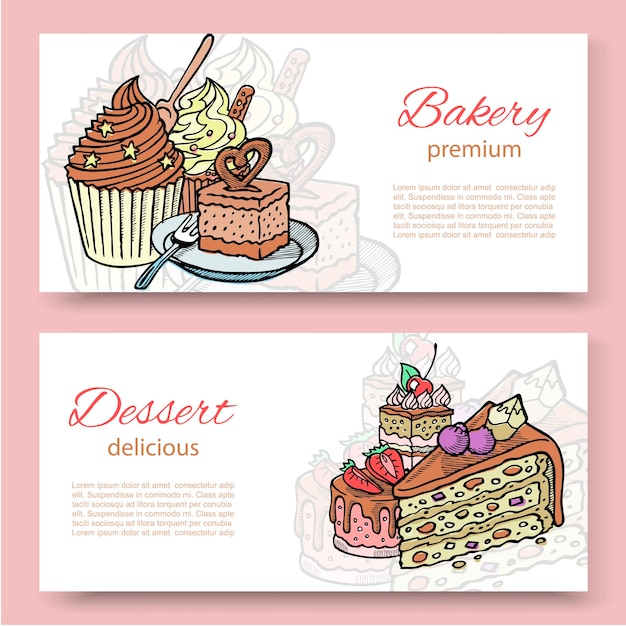 Coffee shop or bakery house visit banner set with baked cake