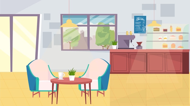 Vector coffee shop interior concept in flat cartoon design. barista table with coffee machine, menu, showcase with desserts, table with armchairs, door and window. vector illustration horizontal background