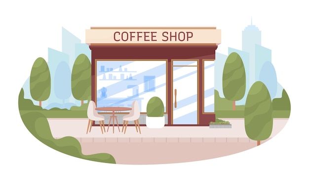 Coffee shop kiosk with empty table 2D vector isolated illustration