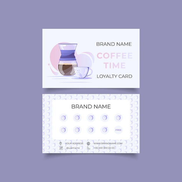 Coffee shop loyalty card. Layout with space for stamps with chemex coffemaker and cup of coffee