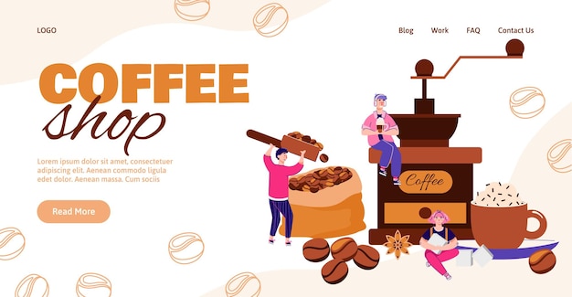 Coffee shop miniature people landing page flat cartoon vector illustration