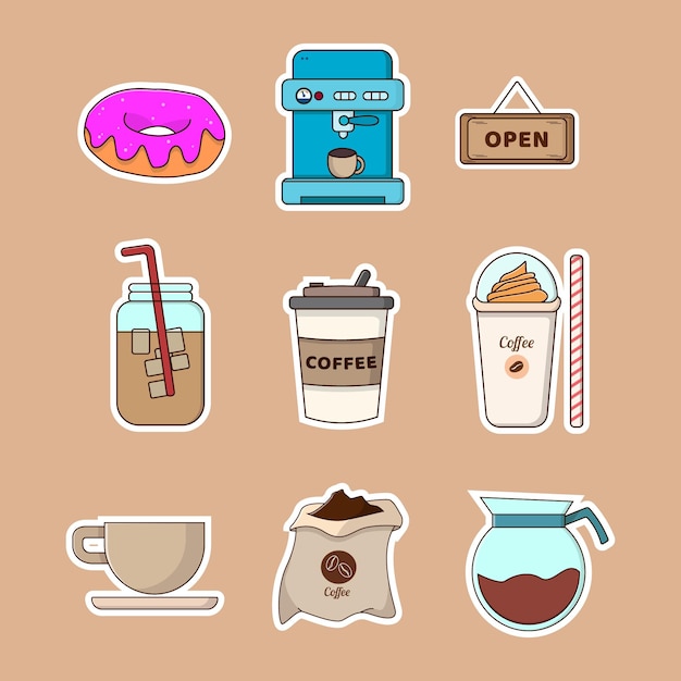 Coffee shop sticker complete with several types of equipment