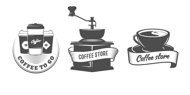 Coffee store logos with coffee grinder and cups Vintage badges for cafe or shop