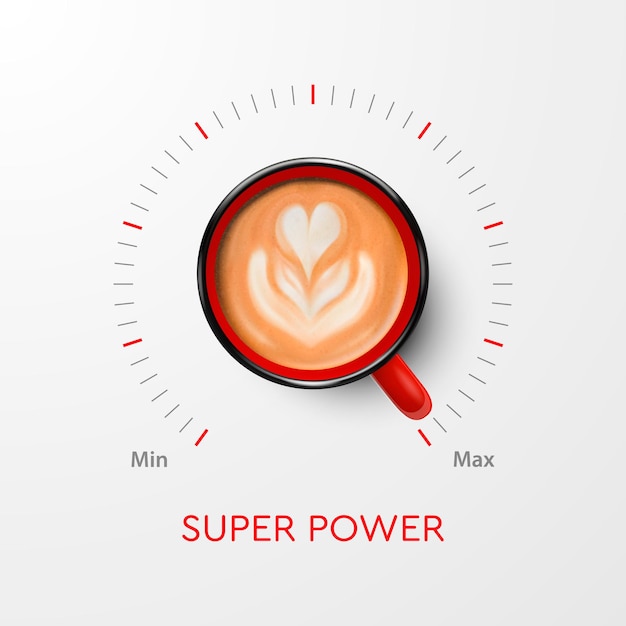 Coffee Super Power Vector 3d Realistic Red Mug with Black Coffee and Volume Scale Concept Banner with Coffee Cup and Phrase about Coffee Design Template Top View