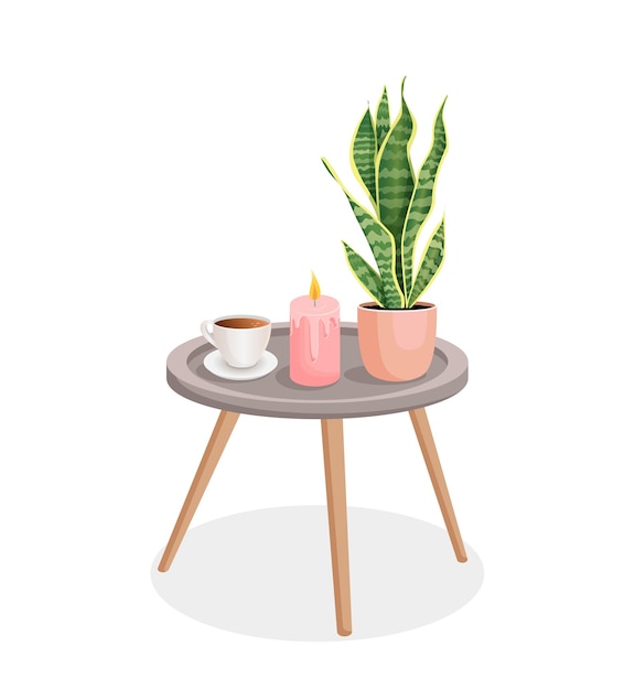 Coffee table with a candle a cup of coffee a plant Vector illustration of house elements