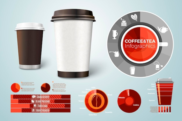 coffee and tea cardboard cups, with business infographics, icons and charts