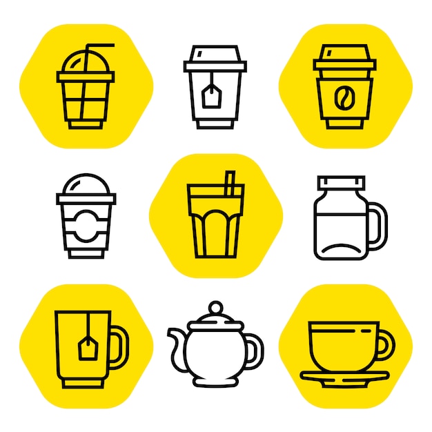 Coffee and tea outline icon set