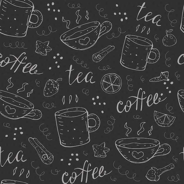 Coffee and tea seamless pattern. vector with cups, fruits, spices, calligraphic lettering