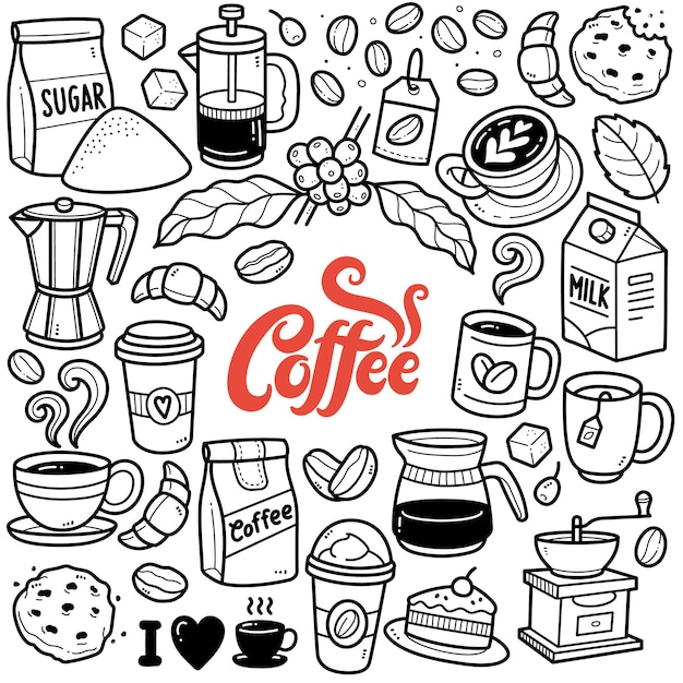 Coffee time black and white doodle illustration