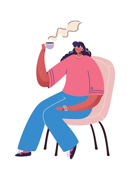 Coffee time concept Cartoon woman drinking hot beverage Female holding in hand teacup Mug with rising steam Character sitting on chair at home or restaurant Vector leisure pastime