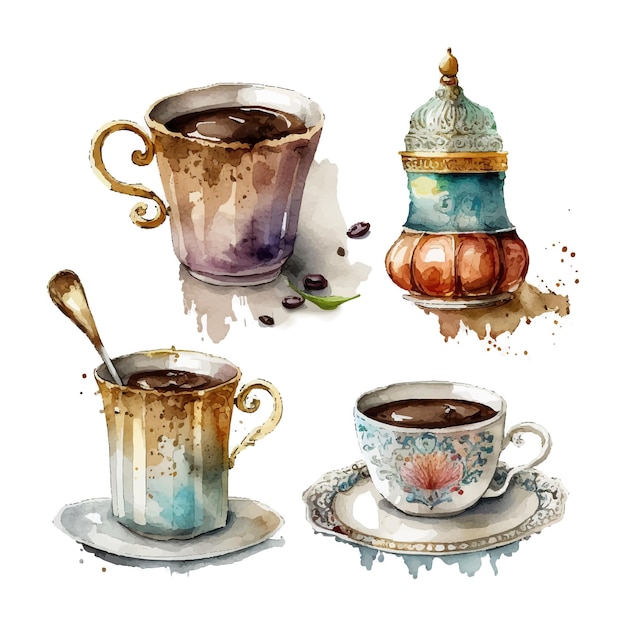 Coffee in traditional turkish mugs set watercolor