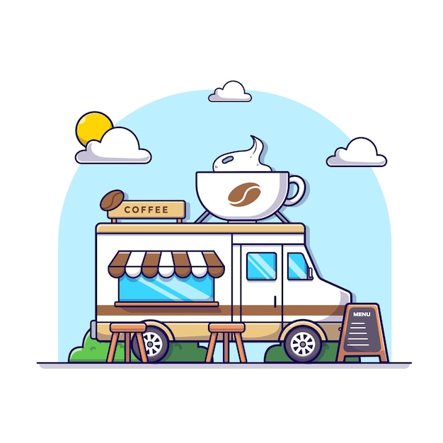 Coffee truck in the park. with big a cup of coffee, illustration cartoon street food white isolated