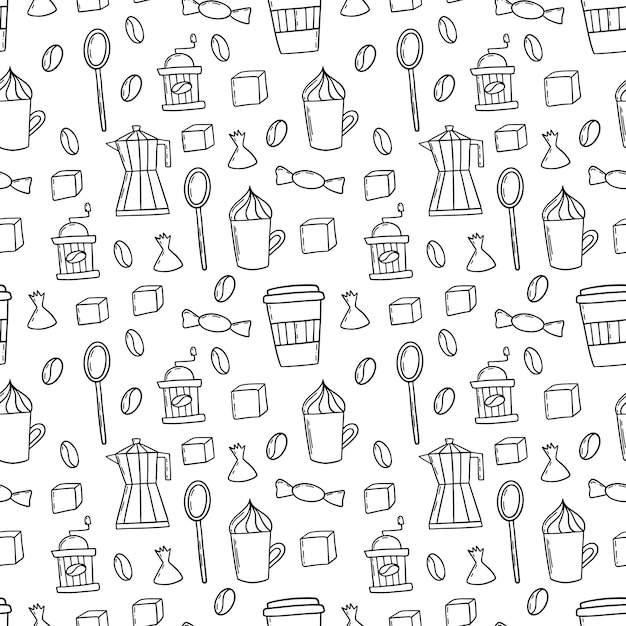 Coffee utensils black ink outline in doodle style seamless pattern