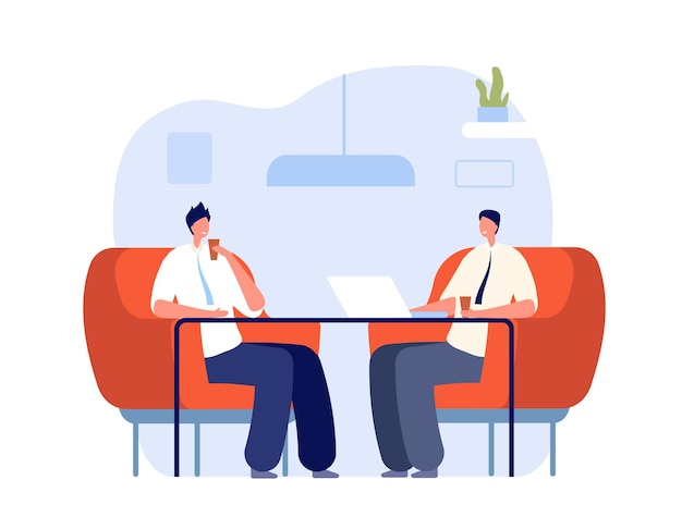 Coffee with colleagues. Office relax, professional working on break. Business corporate lunch drink, interview or lounge zone vector concept. Business communication, people meeting illustration