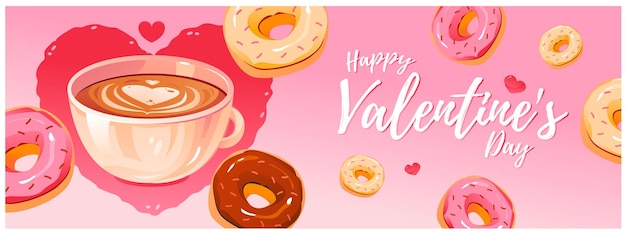 Coffee with a foam heart and donuts. Dessert for Valentine's Day. Template for a web banner