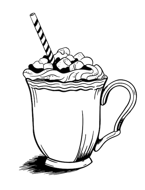 Coffee with marshmallows handdrawn in the style of doodle Good for printing Vector illustration