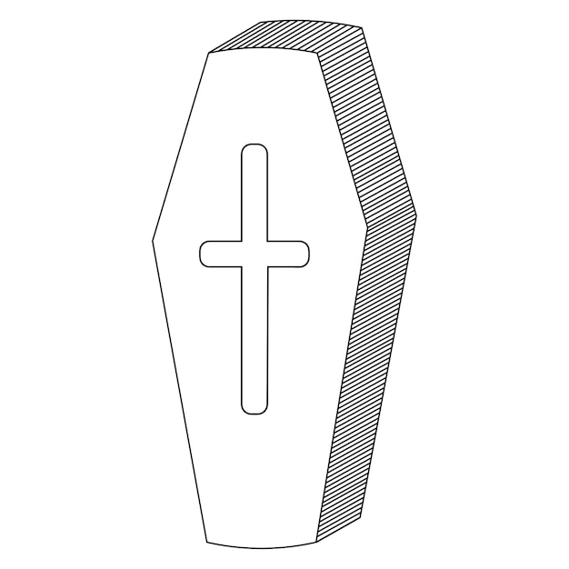 Coffin. Vampire sarcophagus. Sketch. Cross-shaped emblem on the lid. Halloween symbol