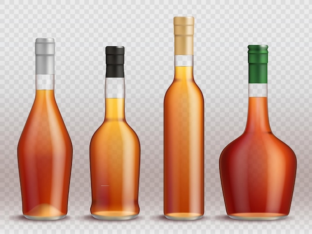 Cognac bottles Realistic transparent containers for liquid alcohol drinks liquor whiskey brandy tequila wine for irish party pub decent vector set