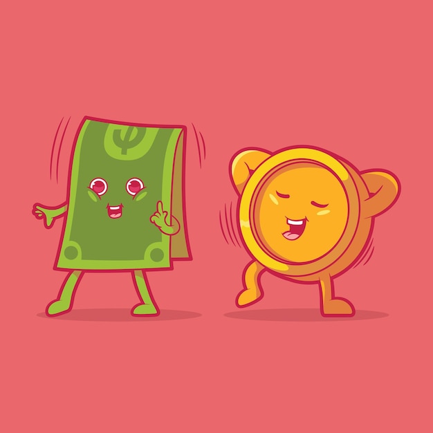 Coin and bill characters dancing vector illustration Dance funny finance design concept