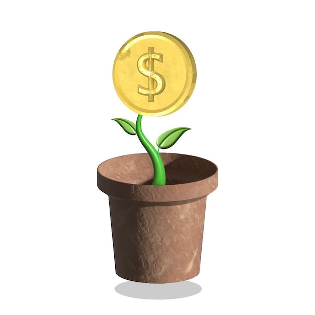 A coin in a flower pot with a dollar sign on it