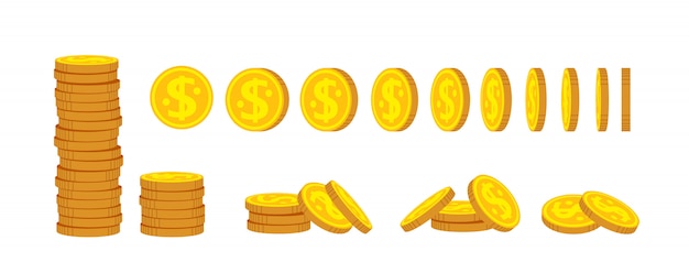 Coin stack cartoon set. Gold coins pile heap, bank currency sign. Hundreds cash bill. Pennies turn around for animation