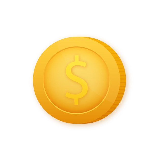 Coin with Dollar symbol. Gold cartoon coin. Vector illustration.