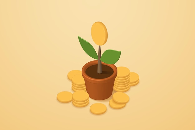 Coins on a plant pot and a pile of coins