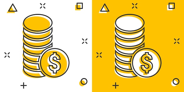 Coins stack icon in comic style Dollar coin cartoon vector illustration on white isolated background Money stacked splash effect business concept