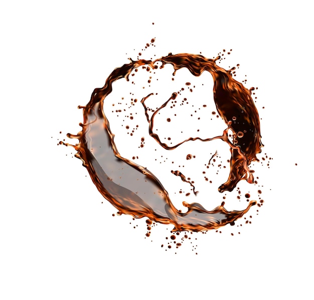 Cola or whiskey drink splash swirl with drops