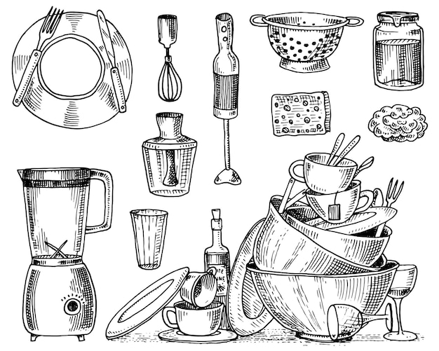 Colander blender and juicer dirty dishes jam and sponge for washing Chef and dirty kitchen utensils cooking stuff for menu decoration engraved hand drawn in old sketch or and vintage style