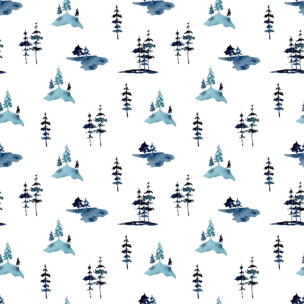 cold blue pine seamless pattern watercolor