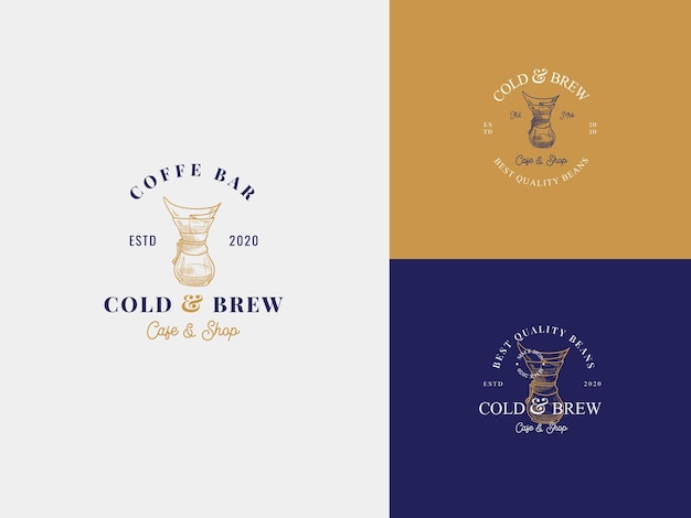 Cold and brew Coffee Bean Hand Draw Logo Template with Premium Vintage Typography