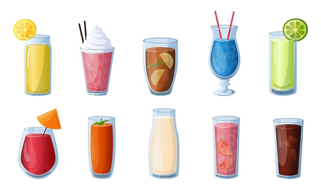 Cold drinks Cartoon ice tea and lemonade with citrus and berries in different glasses with straws Sketch of soda and fresh juice Summer cocktails or milkshakes Vector beverages set