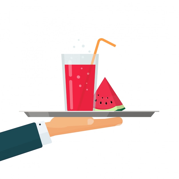 Cold lemonade beverage or cocktail drink glass on waiter tray with watermelon slice illustration flat cartoon design