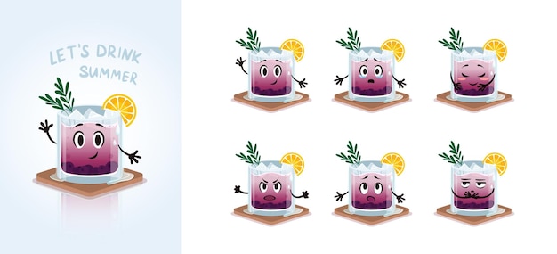 Cold summer drink Cartoon lemonade character with hands emotions set Cocktail with ice lemon and blueberries Mascot for advertisign