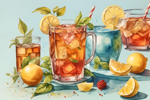 Cold tea lemon summer watercolor in retro style on white background