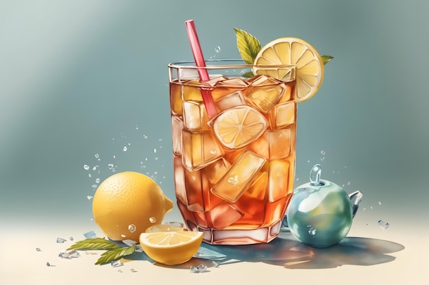 Cold tea lemon summer watercolor in retro style on white background