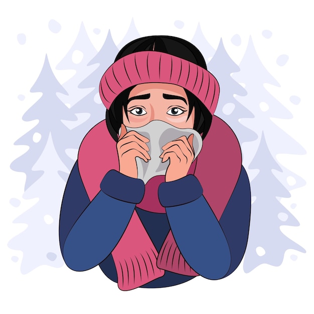 Vector colds seasonal flu a girl blows her nose into a napkin scarf and winter headband winter