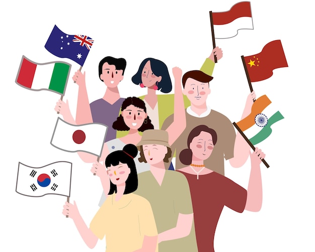 Collaboration between country concept people holding national flag white isolated background with flat cartoon style