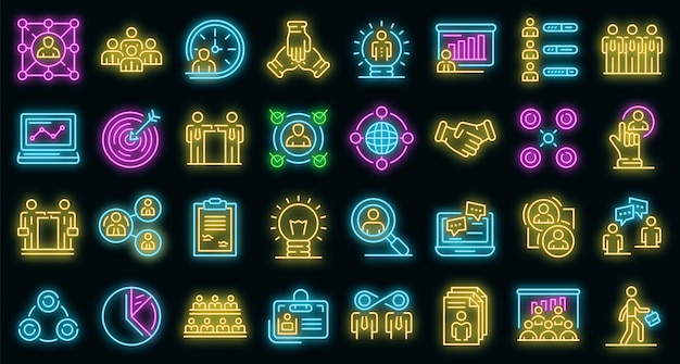 Collaboration icons set. Outline set of collaboration vector icons neon color on black