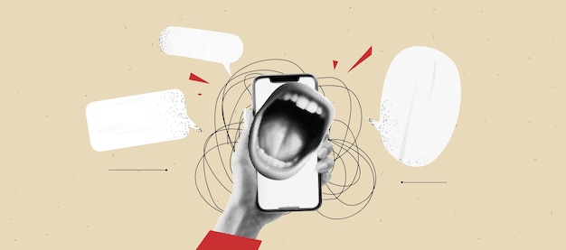 Collage art hand holds phone screen with scream womans mouth crazy sale concept with scribble line